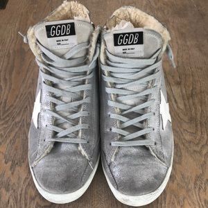Golden Goose silver, shearling lined sneakers
